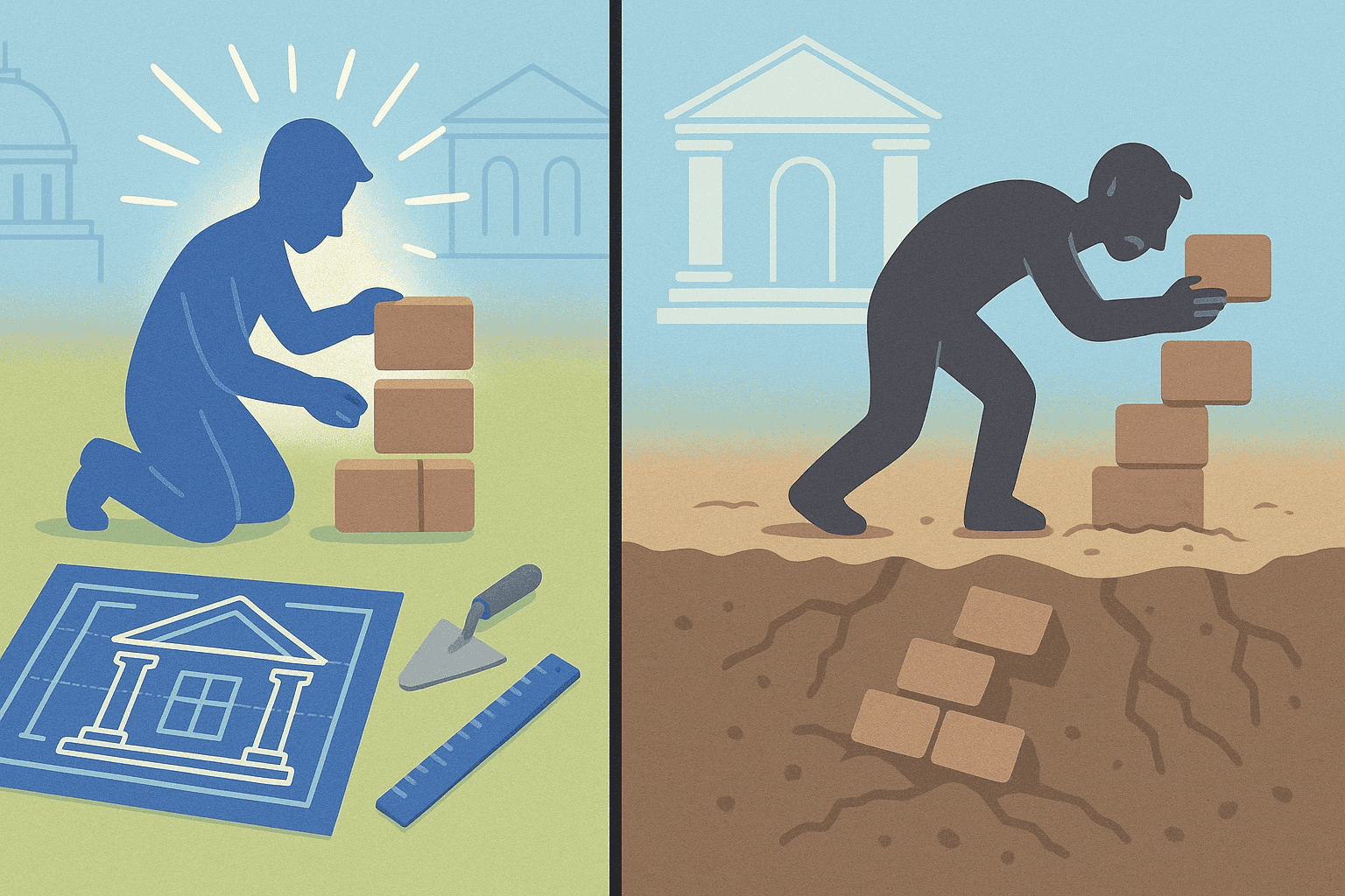 two panel image showing a person building after preparing vs struggling without preparation