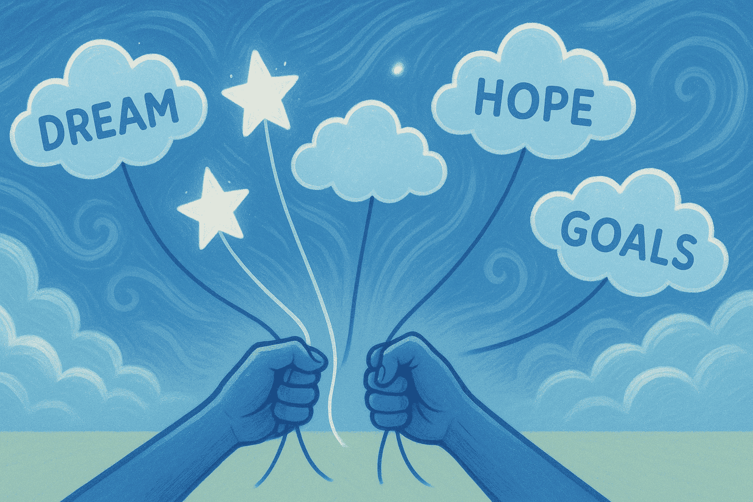 Two hands holding clouds attached to balloon strings that say goals dreams and the like