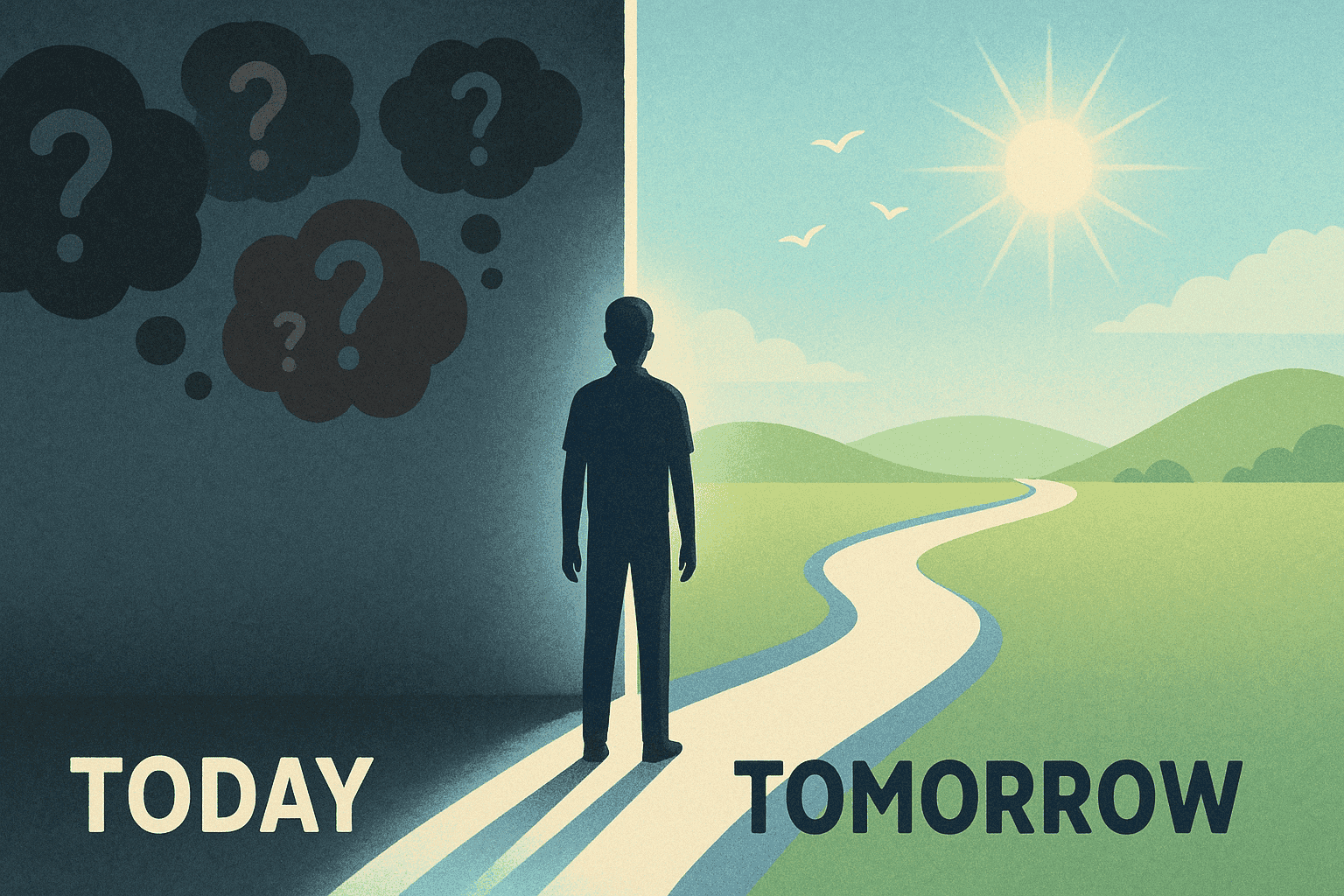 An image showing the clouds of todays doubts and the sunny future of tomorrow