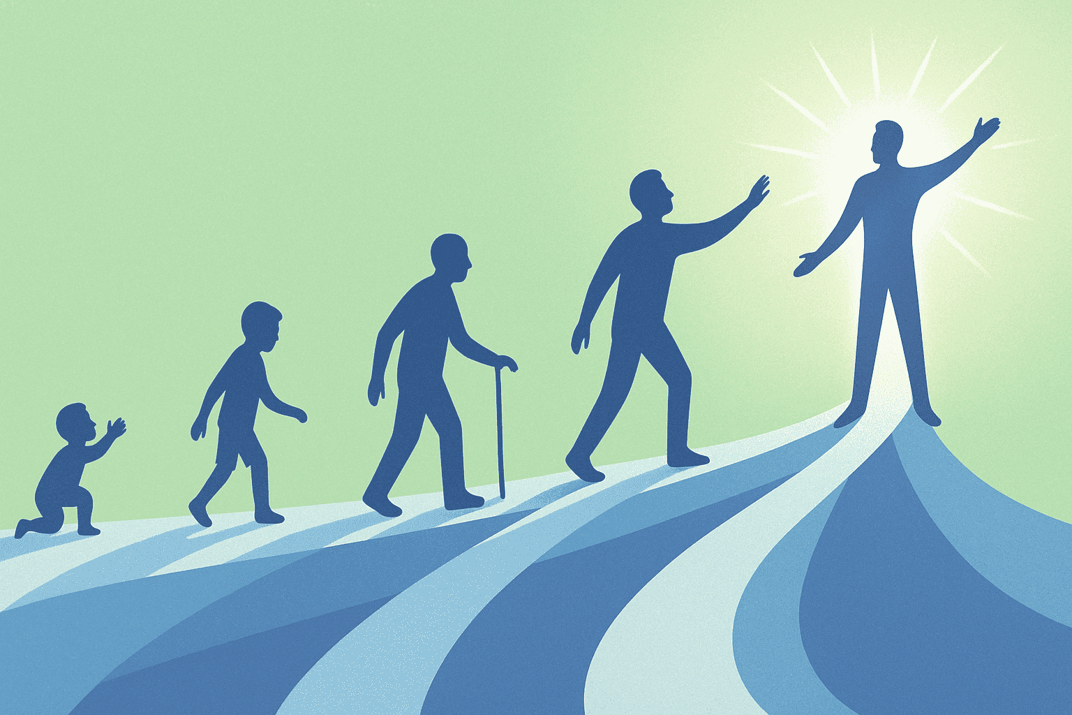 A hopeful image showing multiple silhouettes of the same person at different life stages all reaching toward and transforming into their ideal self regardless of age