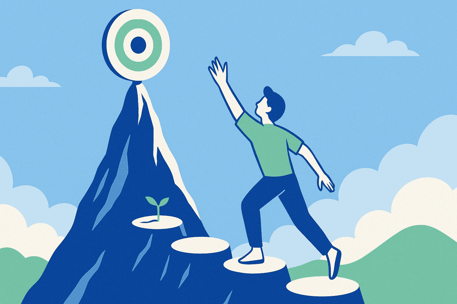 Image of a person climbing a mountain to reach their goal at the top