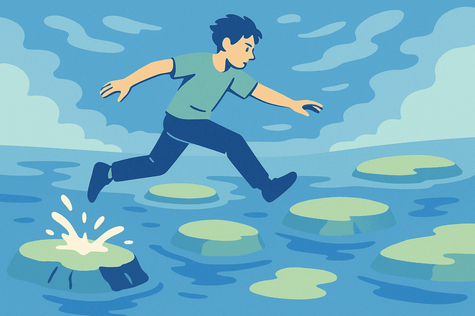 A person fearlessly leaping from stepping stone to stepping stone