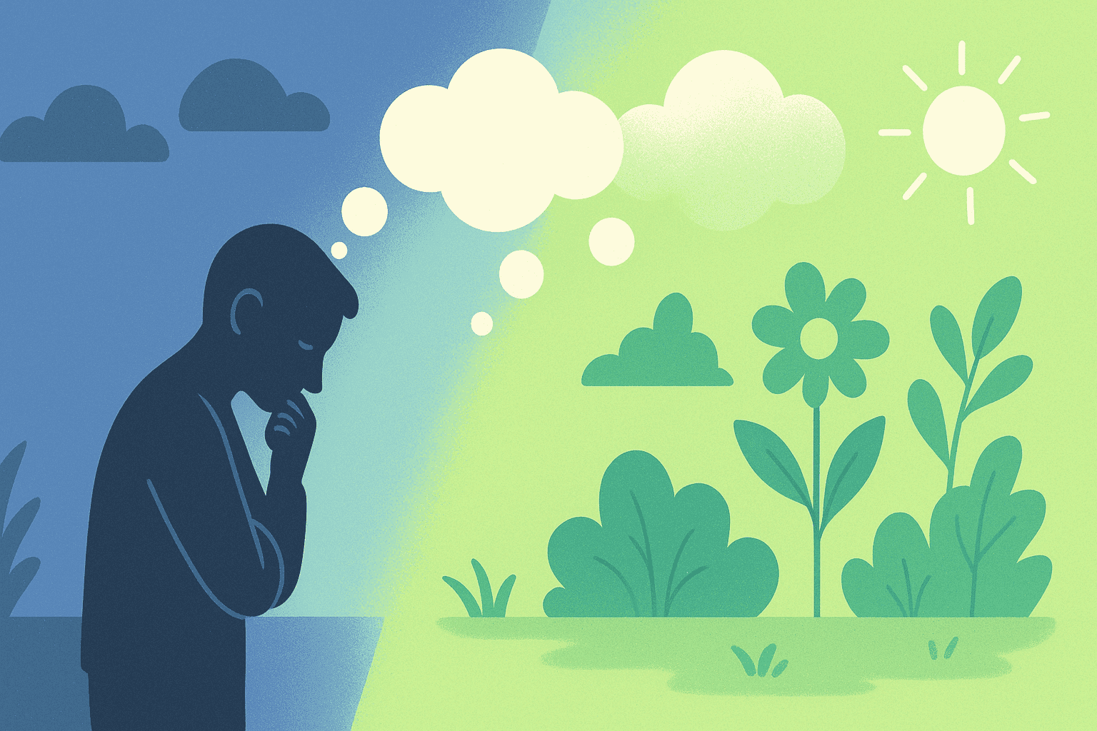 An image showing a person's thoughts visibly changing their surrounding environment