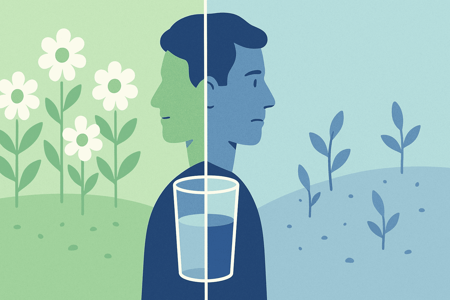 Split image visualization of glass half empty or half full philosophy