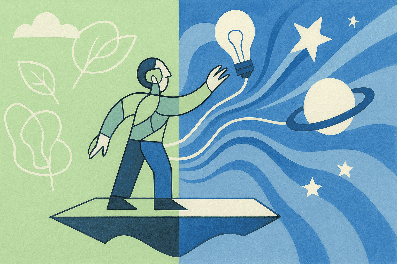 A Picasso-esque depiction of someone touching the manifestation of their imagination