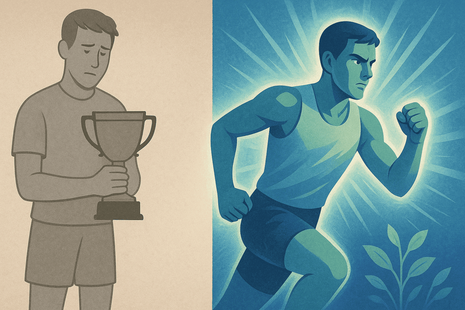 A split image of an athlete looking more motivated in the heat of the moment versus with trophy in hand