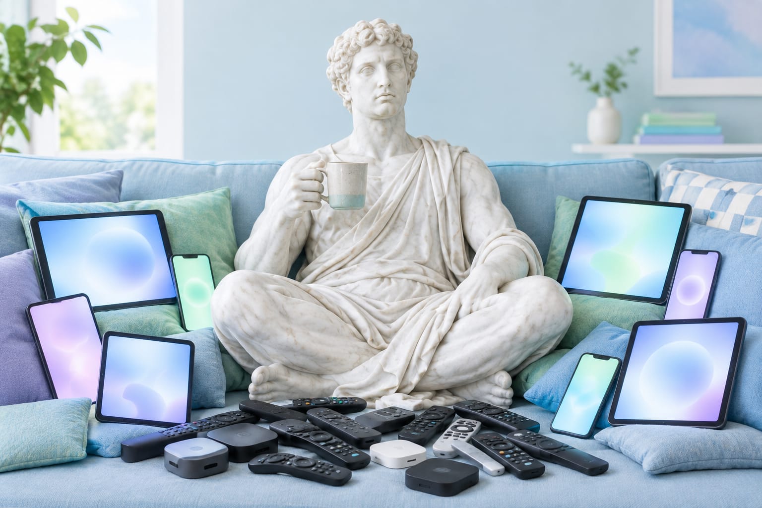 A toga-clad philosopher squints at a phone full of app icons, unimpressed by the free trial that became a permanent houseguest.